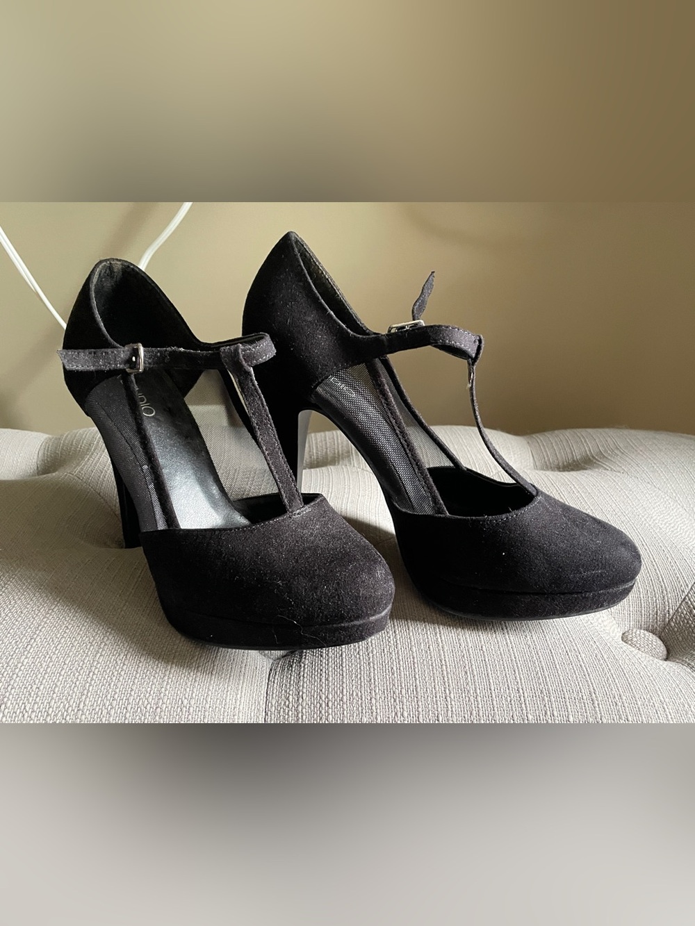 Black T-Strap Suede High Heel Pumps